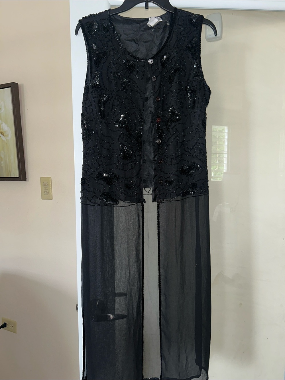 Black Beaded Sheer Long Vest Robe - Women Intimates & Sleepwear